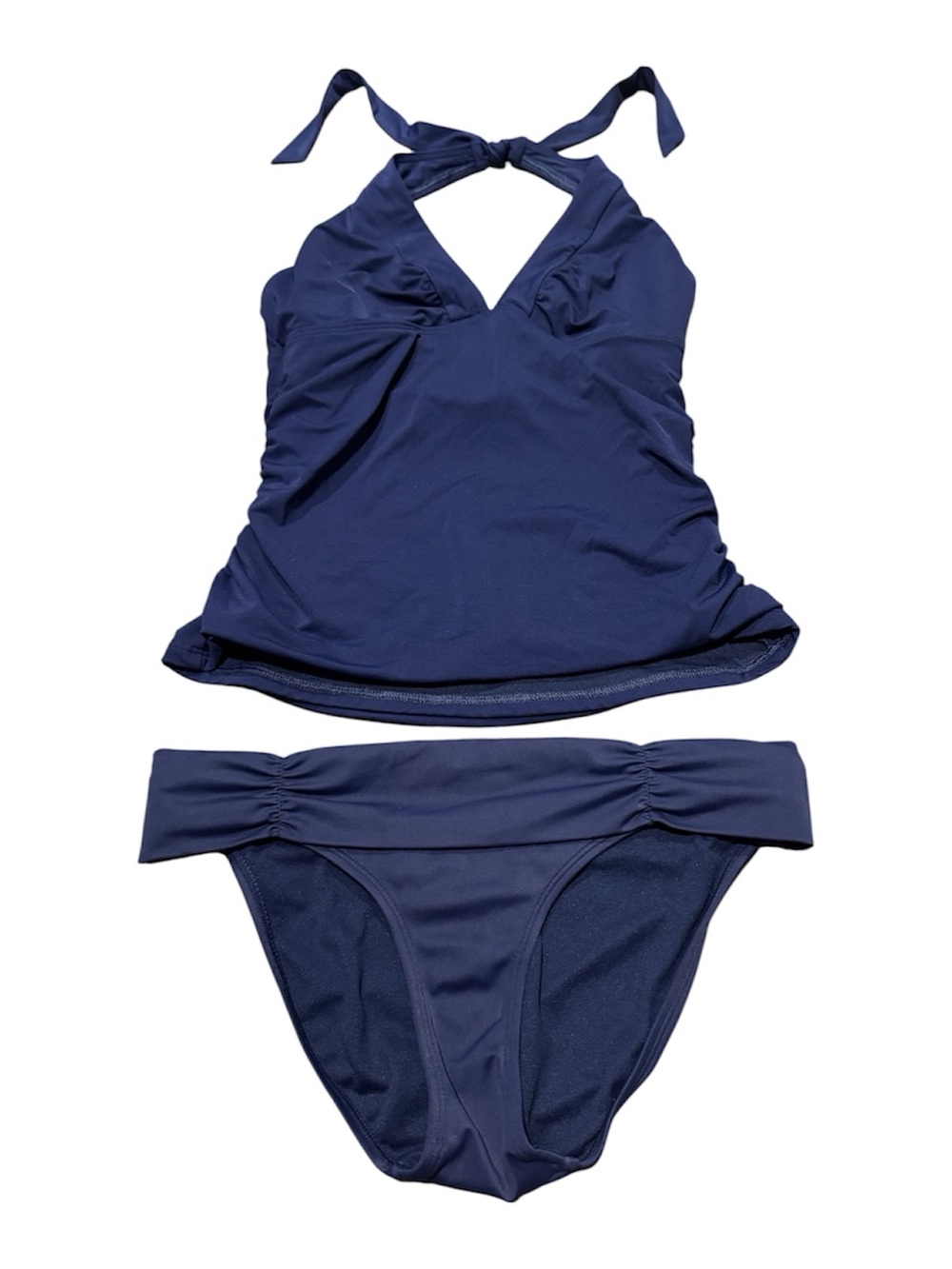 Athleta Shirrendipity Halter Tankini Top Ruched Bottoms Navy Blue Size XS
